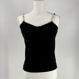 No Boundaries Black Ribbed Tank Top Junior L W/ Adjustable & Beaded Straps